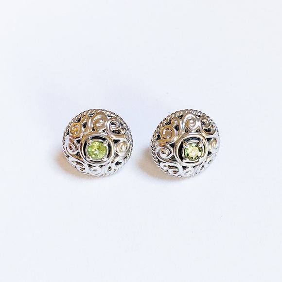 NEW CAROLYN POLLACK Peridot Button Earrings Sterling Scroll Omega NEW IN CP BOX - Picture 3 of 9